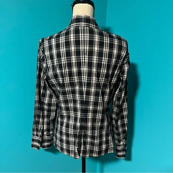 Talbots 12 Black Grey Plaid Faux Wrap Stretch Collared Long Sleeve Top - Picture 4 of 5